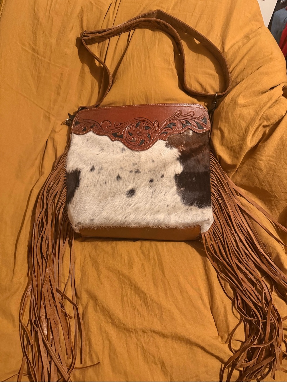 Leather Tooled Hair-On-Hide Fringe Crossbody Bag in Brown and White both sided
